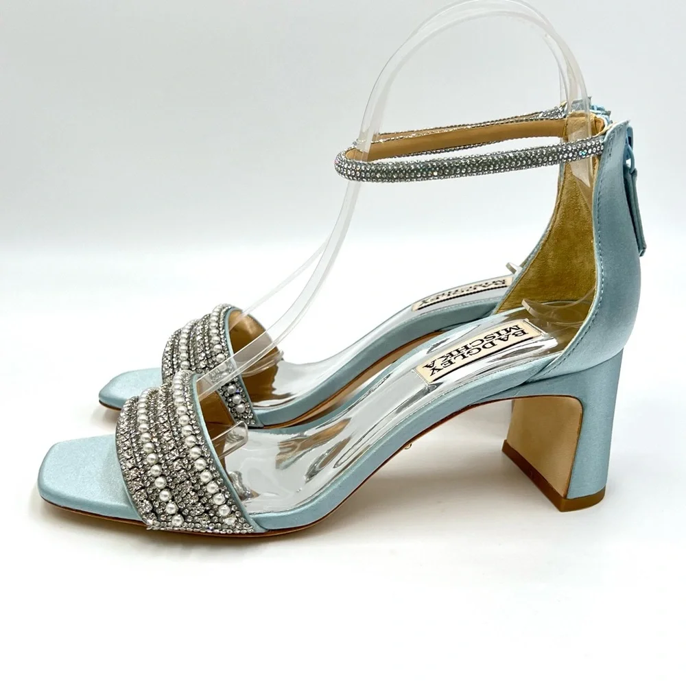 Badgley Mischka Size 5.5 Kameryn‎ Blue Satin Jeweled Dress Sandals Heels Shoes